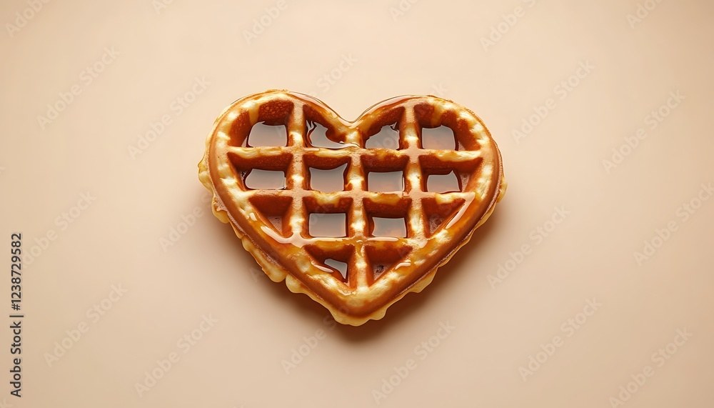 Fototapete a heart-shaped waffle with syrup dripping over its edges, sitting on a solid beige background for a 