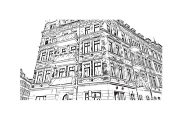 Print Building view with landmark of Chemnitz Germany. Hand drawn sketch illustration in vector.