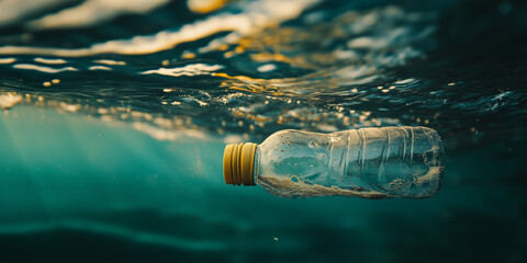 Plastic bottle close up floating on sea water surface. Pollution of the planet, ecology and environment concept.