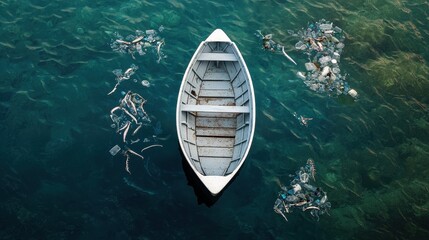 Obraz premium Small White Boat Surrounded by Debris in Crystal Clear Water