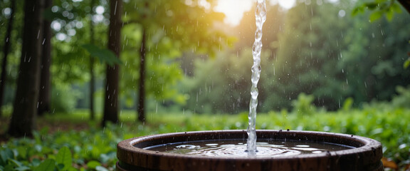 Barrel collecting clear rainwater in forest, natural tranquility