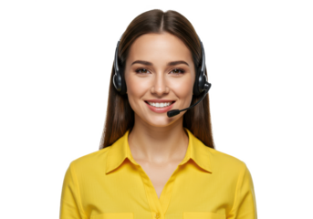 Smiling female call center agent wearing a headset and a yellow shirt isolated on white background