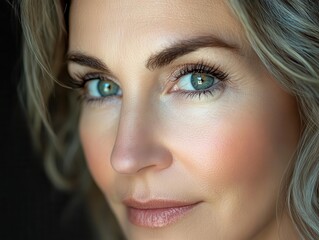 Obraz premium elegant mature woman's eyes with subtle makeup, soft focus highlighting natural beauty and graceful aging