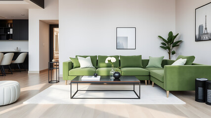 Modern green sofa in a minimalist living room with flower on coffee table. Stylish couch and home decor in loft style apartment or luxurious hotel room, Generative AI