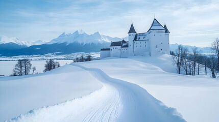 Naklejka premium Winter castle landscape, snowy path, mountain backdrop, idyllic scene, travel postcard