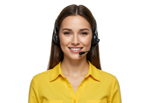 Smiling female call center agent wearing a headset and a yellow shirt isolated on white background