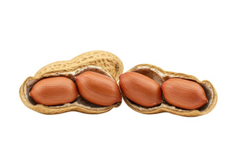 Whole and open peanut shells revealing two peanuts inside, isolated on white background