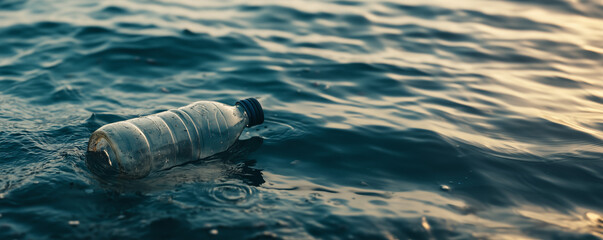 Plastic bottle close up floating on sea water surface. Pollution of the planet, ecology and environment concept.