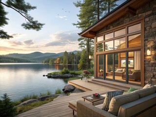 Obraz premium Stunning lake house, panoramic vistas, AI-crafted 3D render, macro-level detail.