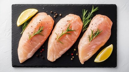 Fresh Organic Chicken Breast Fillets on Black Slate with Herbs