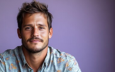 Fototapeta premium A man with a mustache and a floral shirt is smiling