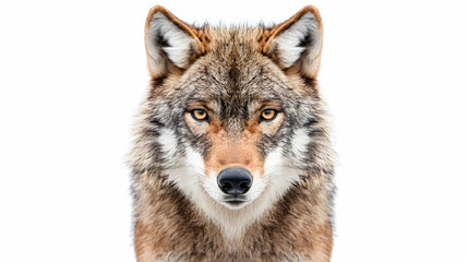 Fototapeta premium Wolf portrait, intense stare, white background, wildlife photography, for nature documentaries