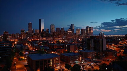 Obraz premium Cityscape at twilight, illuminated urban buildings under night sky