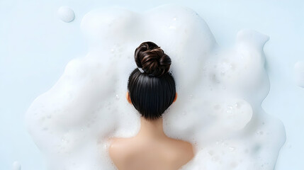 Woman relaxing in a bubble bath, overhead view, spa day, clean background, perfect for beauty product advertising