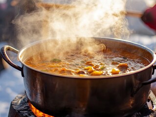 Steaming hot meal prepared outdoors on snowy day in a metallic pot
