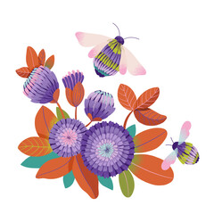 Clover flowers and leaves. Composition with flowers and bees