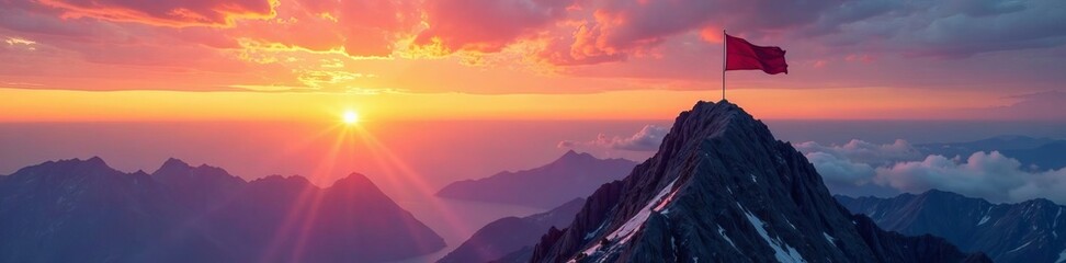Obraz premium A stunning sunset over a mountain peak with a flag waving in the wind.