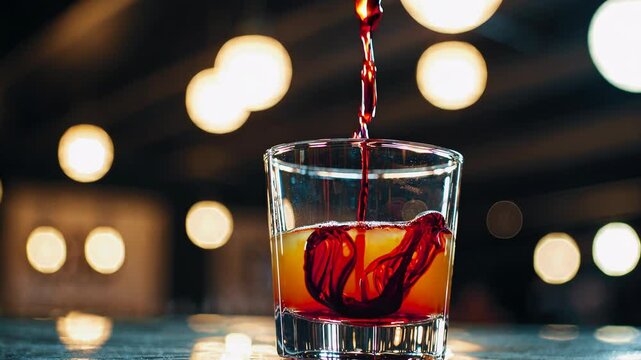 Vibrant cocktail in a short glass with a maraschino cherry dropped into amber liquid, captured with warm bokeh lighting