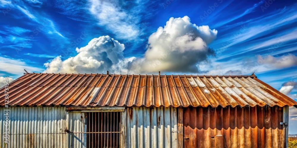 Poster rustic corrugated metal shed with rust and weathered texture under a vibrant sky with dramatic cloud