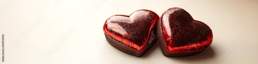 Fototapete a pair of heart-shaped chocolates wrapped in shiny red foil, resting on a simple cream background