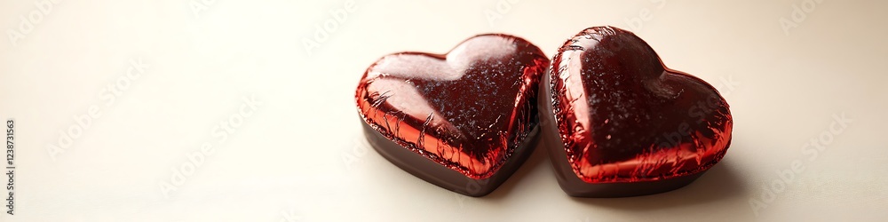 Fototapete a pair of heart-shaped chocolates wrapped in shiny red foil, resting on a simple cream background