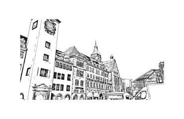 Print Building view with landmark of Chemnitz Germany. Hand drawn sketch illustration in vector.