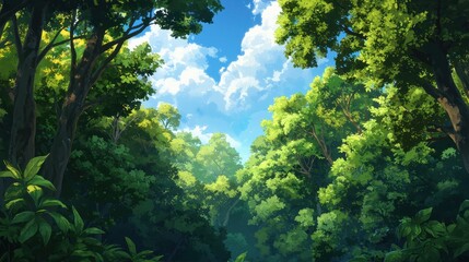 Obraz premium Lush Green Forest with Bright Blue Sky and Abundant Vegetation