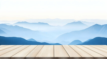 Wooden table overlooking misty blue mountains; perfect for product display or travel brochure