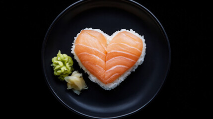 A heart-shaped sushi piece crafted from salmon rests on a bed of rice, garnished with wasabi and pickled ginger, creating a charming presentation ideal for a romantic meal