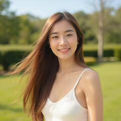 Naklejka premium young woman with long hair smiles in sunny park setting, surrounded by greenery