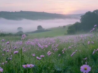 Fototapeta premium enchanted wildflower meadow at golden hour with ethereal fog, featuring delicate cosmos and wildflowers in pastel hues stretching to the horizon