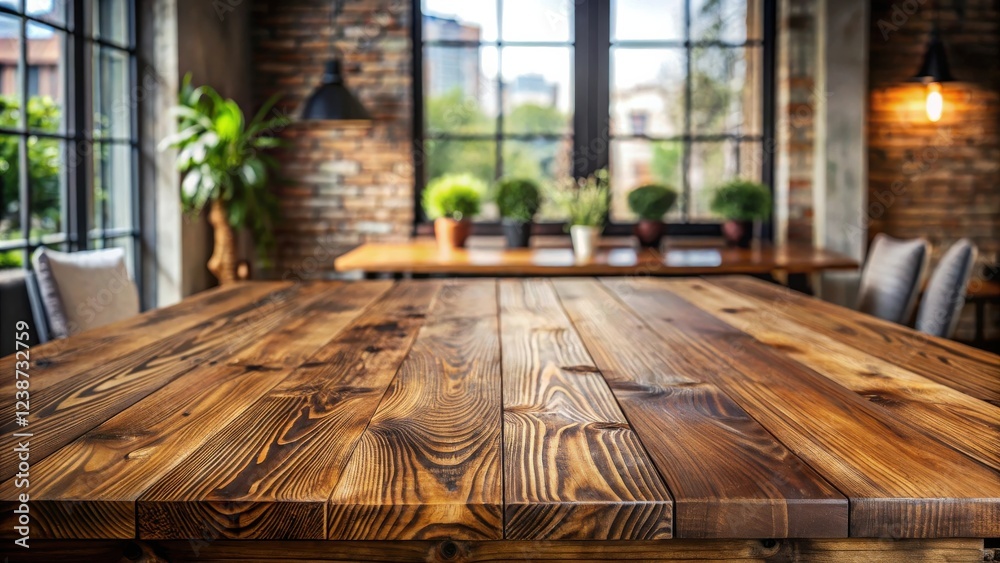 Poster rustic wooden table in a sunlit cafe setting, ideal for product placement or display