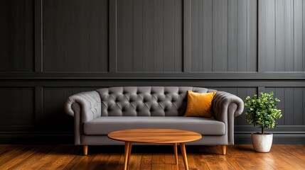 This cozy gray tufted sofa with a soft yellow cushion is paired with a stylish coffee table, ideal for a relaxed gathering in a contemporary living area.
