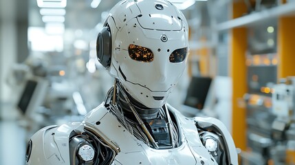Fototapeta premium Advanced White Robot in Futuristic Factory Setting Close up Portrait