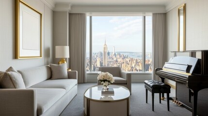 Fototapeta premium Elegant Living Room with Piano and City View in Modern Apartment