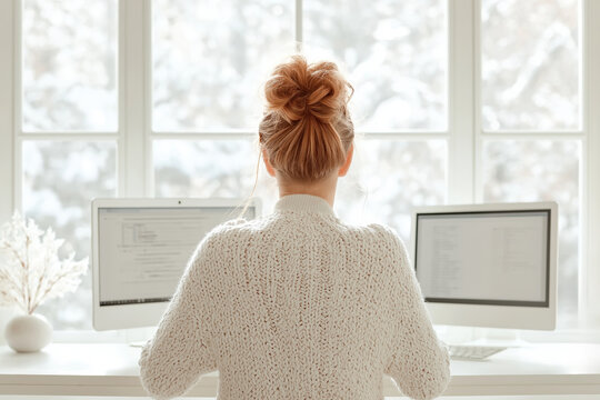 Woman working on computer in cozy home office with winter view through window