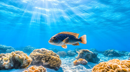 Fototapeta premium Tropical fish swimming over coral reef in sunlit ocean; underwater scene for travel brochures