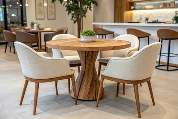 Fototapeta premium Warm, inviting round wood slab dining table with curved chairs; a Japandi aesthetic.