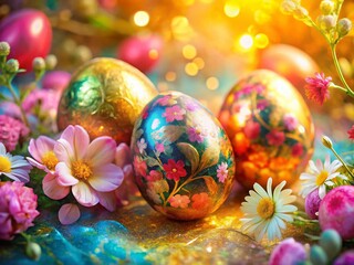 Fototapeta premium Easter Eggs Gold Foil Double Exposure Stock Photo - Festive Spring Holiday Decoration