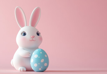 Obraz premium A charming white rabbit with large eyes and pink ears holds a pale blue egg adorned with white polka dots. The soft pink background enhances the festive atmosphere of springtime celebrations