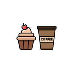 Drink and cupcake set food icon represents a sweet and delightful treat combo, perfect for café menus, bakery designs, and dessert-themed illustrations.