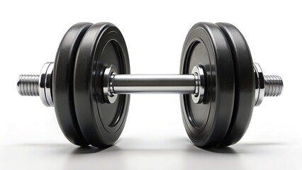 Naklejka premium White backdrop highlights a single black dumbbell. Space for your message.