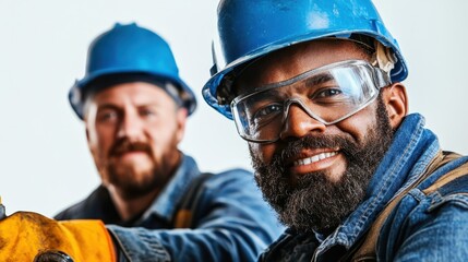 Fototapeta premium In an inspiring moment, two construction workers wear blue helmets and protective gear, ready to tackle the day's challenges with a confident and determined expression.