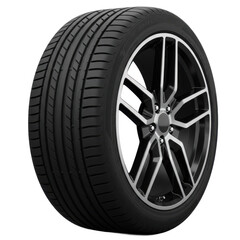 Fototapeta premium A single black car tire with a metallic alloy rim, standing upright, isolated on a white background