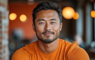 handsome man smiling with a mustache and a causal t-shirt