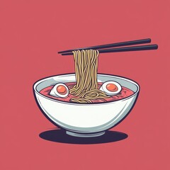 Bowl Of Noodle Soup With Boiled Eggs Being Lifted By Chopsticks Simple Flat Cartoon Style Art