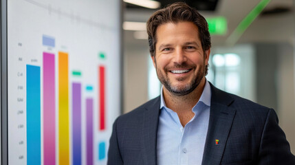 Fototapeta premium business professional smiling in front of colorful bar graph presentation, showcasing data analysis and teamwork