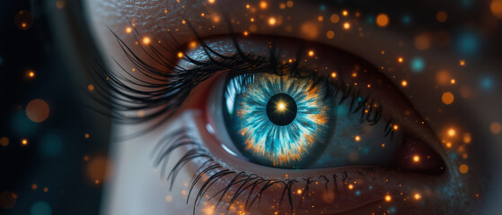 close up of human eye with vibrant blue and orange colors, surrounded by sparkling lights, creating mesmerizing effect