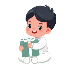 cute happy baby boy is sitting with gift 