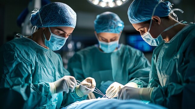 In a bustling operating room, a skilled team of surgeons meticulously performs a critical procedure. Their focus underscores the importance of collaboration and expertise in saving lives